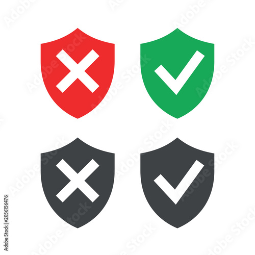 A shield icon with a check mark and a cross. Symbol of protection, defense, or lack of protection. An attribute of safety, security, or danger. Icon for the web.
