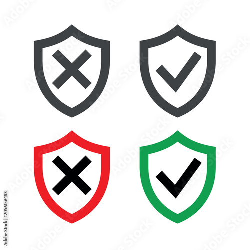 A shield icon with a check mark and a cross. Symbol of protection, defense, or lack of protection. An attribute of safety, security, or danger. Icon for the web.