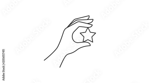 Hand holding a small star icon, minimalist line art, concept of achievement and luck