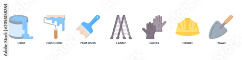 Paint Setup web banner icon vector illustration with Paint, Paint Roller, Paint Brush, Ladder, Gloves, Helmet and Trowel for renovation work