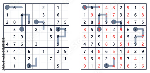 Sudoku puzzle medium difficulty with thermo rules for adults, printable with answers A4