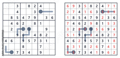 Sudoku puzzle 9x9 medium level for adults, thermosudoku variant, printable with answers A4