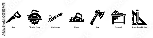 Bild auf Leinwand Wood Craft web banner icon vector illustration with Saw, Circular Saw, Chainsaw,