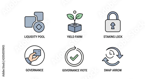 DeFi Icons: Liquidity Pool, Yield Farm, Staking Lock, Governance, Vote, Swap