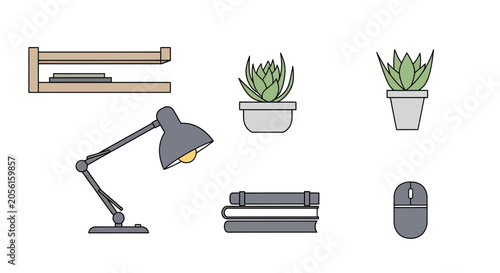 Desk Objects Icon Set: Lamp, Books, Plants, Mouse, Shelf