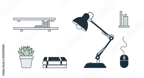 Desk Accessories: Lamp, Mouse, Books, Plant, Shelf, Monitor Icons