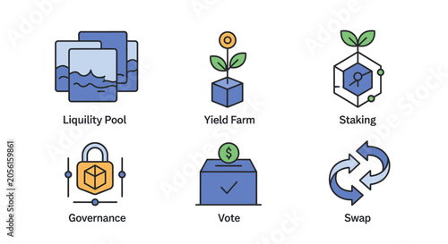 DeFi Icons: Liquidity Pool, Yield Farm, Staking, Governance, Vote, Swap