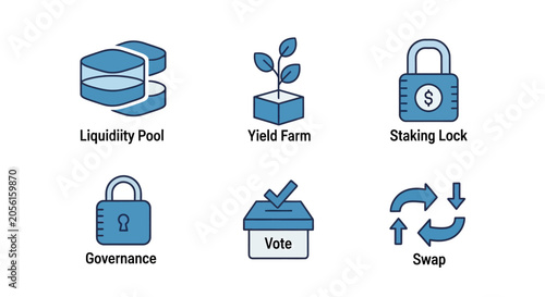 DeFi Icons: Liquidity Pool, Yield Farm, Staking, Governance, Vote, Swap
