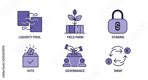 DeFi Icons: Liquidity Pool, Yield Farm, Staking, Vote, Governance, Swap
