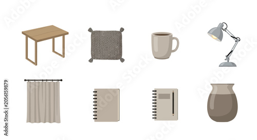 Desk Workspace Elements: Table, Lamp, Notebook, Mug, Curtain, Vase, Rug