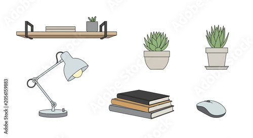 Desk Accessories: Lamp, Books, Plants, Shelf & Computer Mouse - Flat Design