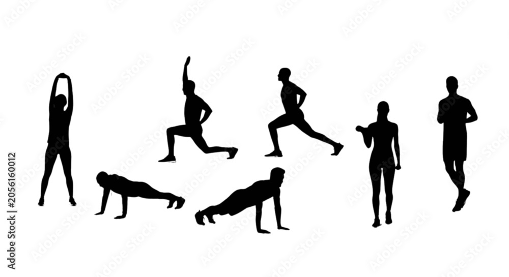 Obraz premium Black silhouettes of people doing various exercises