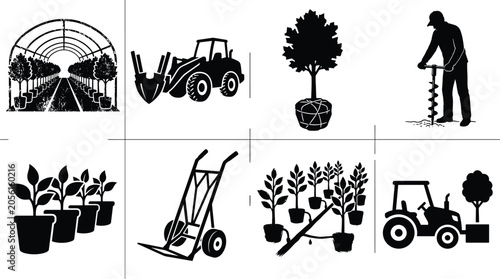 Tableau sur toile Commercial plant nursery and tree farming vector silhouette icon set featuring greenhouse cultivation machinery irrigation and landscaping tools in image_a09709