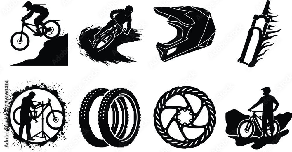 Naklejka premium Mountain bike vector silhouette icon set featuring extreme downhill riders protective helmet spare parts and workshop repair graphics
