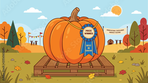 Tablou pe pânză Award Winning Giant Pumpkin at Agricultural Show and Harvest Festival Vector Ill