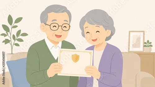 笑顔の老夫婦が証書を手に喜びを分かち合う、達成感を表すイラスト