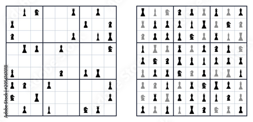 Картината върху платно Chess puzzle grids with black and white chess pieces on board