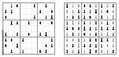 Chess-themed Sudoku puzzle boards with black and white pieces  