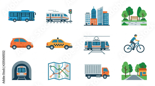 Quadro su tela Illustrated Urban Transportation Icons Set.