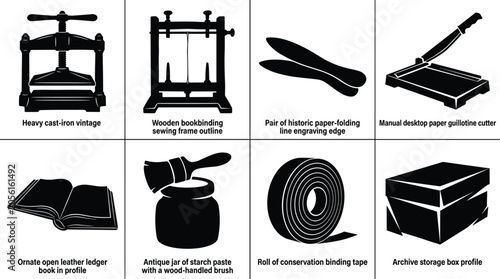 Cuadro en lienzo Vintage bookbinding tools vector silhouette set featuring cast iron press paper cutter glue brush ledger book and storage box in image_a10424