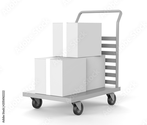 Delivery Box on Hand Truck Mockup, 3D render illustration of blank cardboard shipping boxes placed on a platform trolley. Clean white packaging cartons on a warehouse hand truck with wheels.