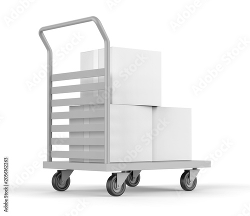 Delivery Box on Hand Truck Mockup, 3D render illustration of blank cardboard shipping boxes placed on a platform trolley. Clean white packaging cartons on a warehouse hand truck with wheels.