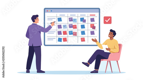 Professional colleagues collaborating on a digital project management board in this colorful flat vector illustration design