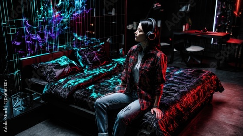 Young woman sitting on bed listening to music in neon bedroom