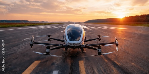 Futuristic electric vtol aircraft on runway at sunset for aviation background or technology banner and future transport concept design
