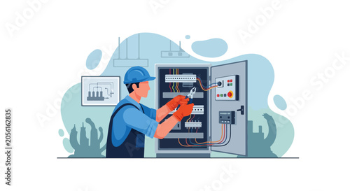 Electrical Technician Repairing Wiring in Electrical Cabinet Vector Illustration, Building Maintenance and Power Distribution Concept