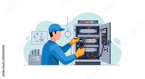 Foto Electrical Technician Repairing Wiring in Electrical Cabinet Vector Illustration