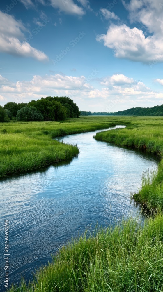 Fototapeta premium Vertical meandering river through lush summer marshland background for wallpaper and poster with blue sky reflections and peaceful green landscape design