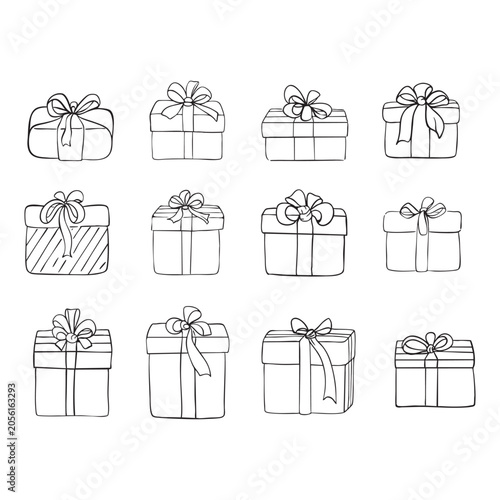 Gift box with bow outline coloring book page line art vector drawing. Gift box isolated on white, Christmas gift box with ribbon, Outline gift box vector