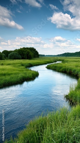 Vertical meandering river through lush summer marshland background for wallpaper and poster with blue sky reflections and peaceful green landscape design