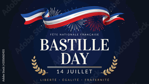 Tableau sur toile Bastille day celebration with french flag fireworks and laurel wreaths design