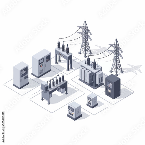 Electrical substation with power lines and transformer equipment.