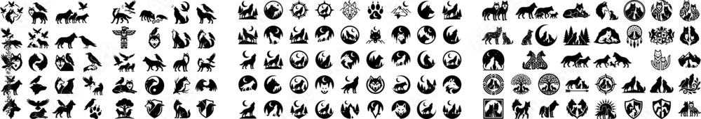 Fototapeta premium Black silhouettes of various animals and nature elements on white background for graphic design many different icons