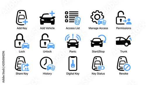 Car key and vehicle access icons arranged on white background