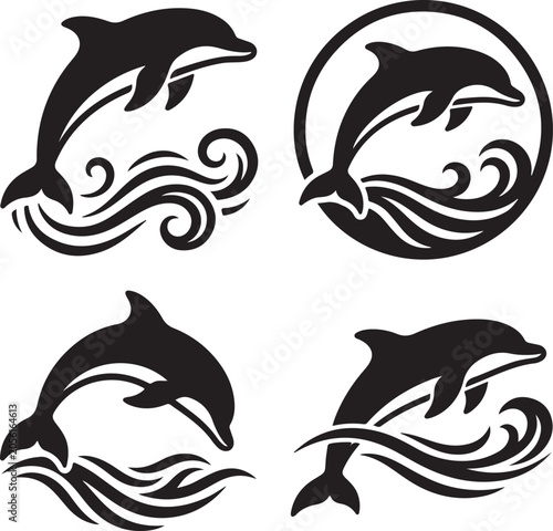 Black dolphin silhouettes on with wave designs vector illustration