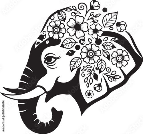 Decorative elephant head with flowers on vector illustration