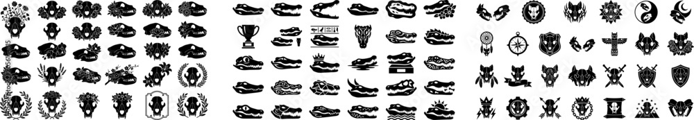 Obraz premium Black silhouettes of various skulls and symbols on white background graphic resource for designs and illustrations