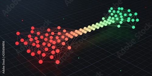 Technology risk remediation background with red vulnerable network nodes transitioning to green stable data grid on dark isometric cyber security header