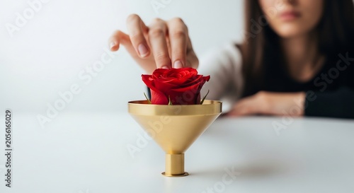 金の漏斗に赤いバラをそっと置く女性の手
