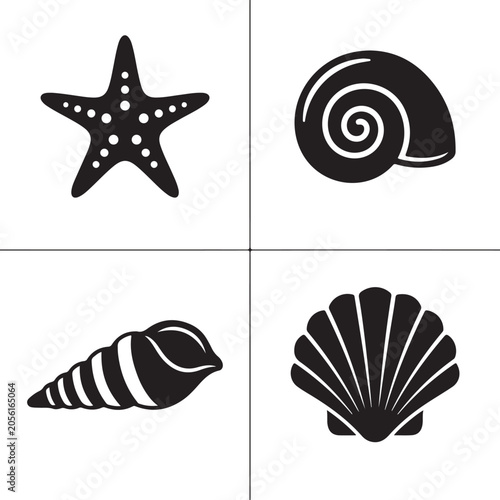 Set of four sea shell silhouettes on vector illustration