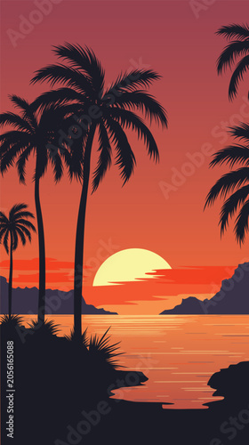 Tropical landscape with silhouettes of palm trees by the water at sunset. Vector illustration
