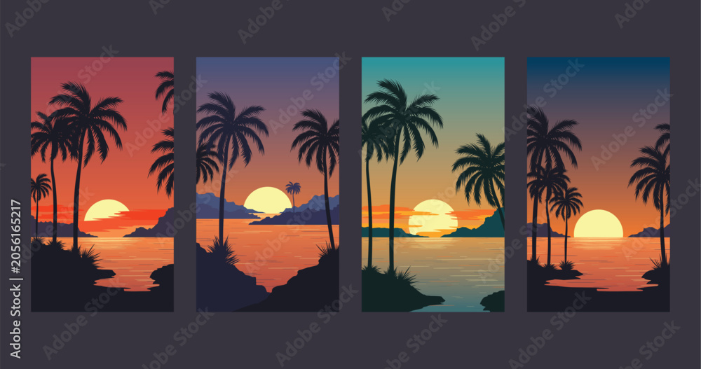 Fototapeta premium Collection of covers with a tropical landscapes with silhouettes of palm trees by the water at sunset. Vector illustration