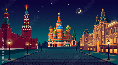 Saint Basil Cathedral and Red Square Moscow night vector illustration