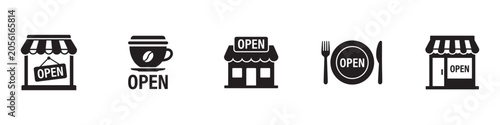 Obraz na płótnie Cafe, store and restaurant open icon set