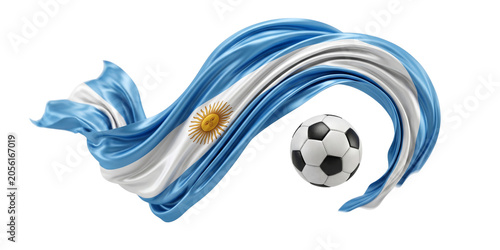 Argentina flag fabric waving with a soccer ball isolated on white background