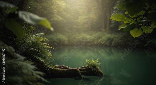 森の光が差し込む穏やかな水辺の風景